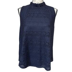 Ann Taylor Sleeveless Lace Blouse Women’s Size M Blue Lined High Ruffle Neck NEW